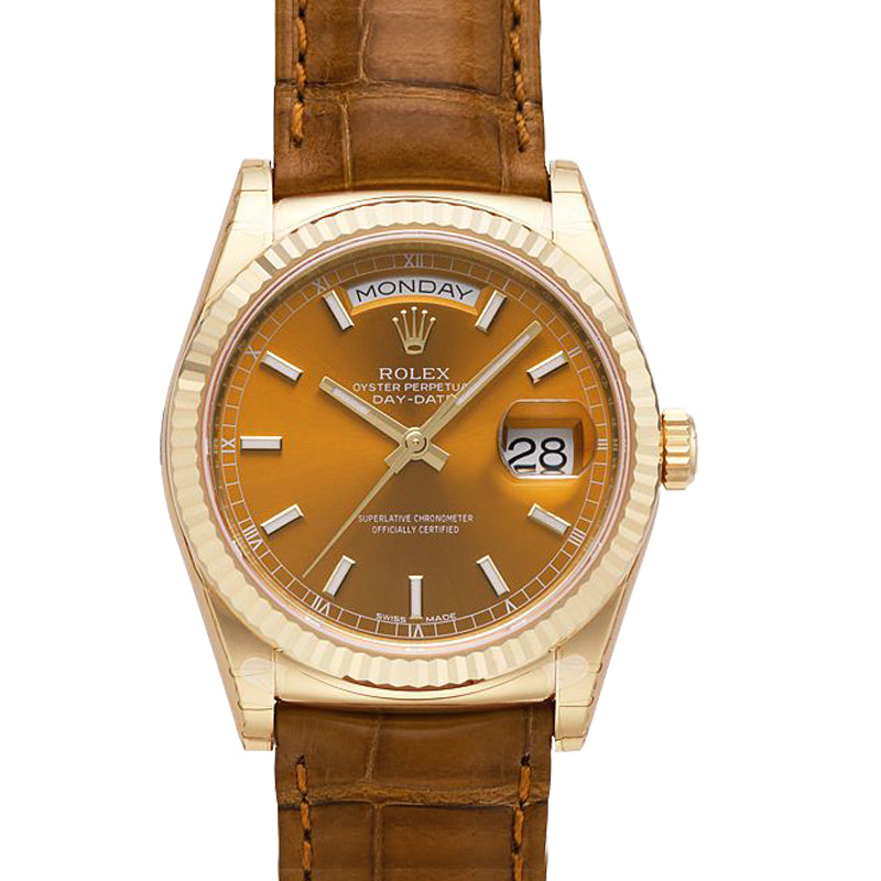 Day Date Cognac Dial 18K Yellow Gold Leather Men's Watch 118138COL