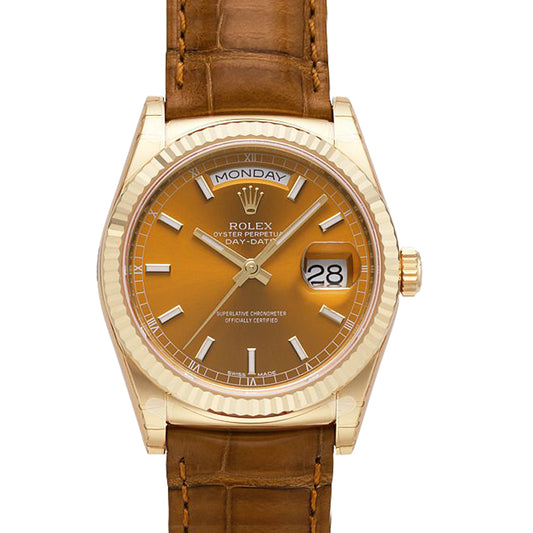 Day Date Cognac Dial 18K Yellow Gold Leather Men's Watch 118138COL