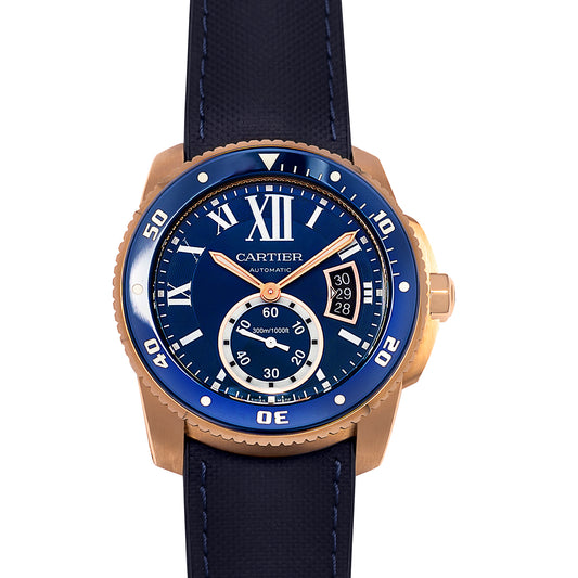 Calibre De Cartier Diver Automatic Blue Dial 18kt Rose Gold Men's Watch