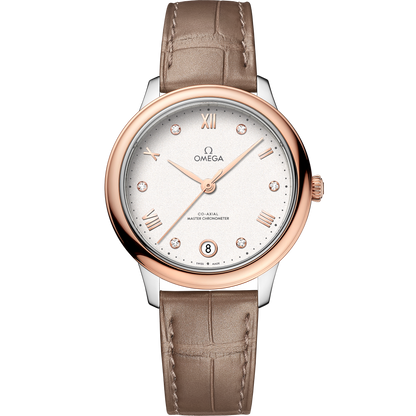 De Ville Prestige 34 mm, steel ‑ Sedna™ gold on leather strap