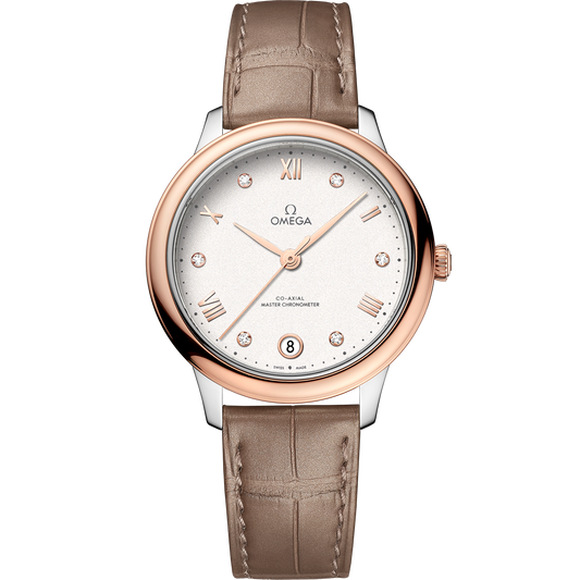 De Ville Prestige 34 mm, steel ‑ Sedna™ gold on leather strap