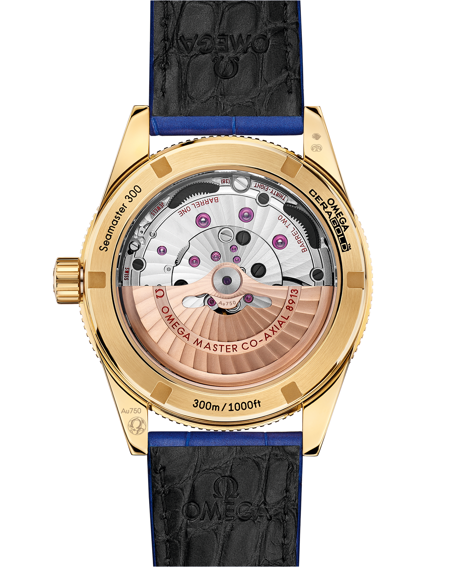 Seamaster 300 41 mm, yellow gold on leather strap