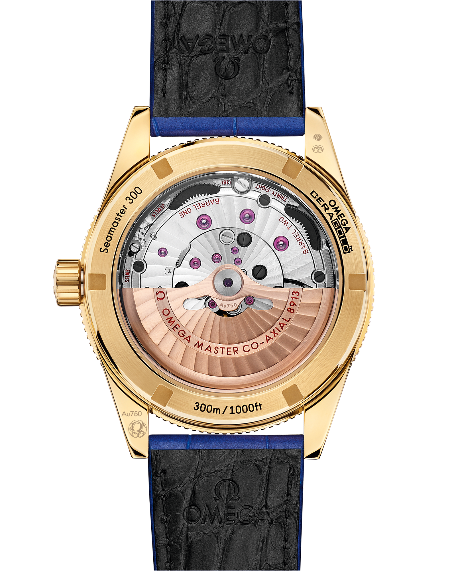 Seamaster 300 41 mm, yellow gold on leather strap
