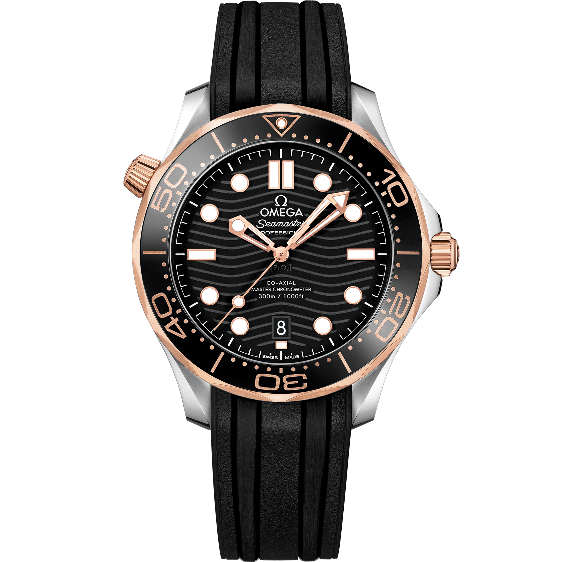 Seamaster Diver 300M 42 mm, steel ‑ Sedna™ gold on rubber strap