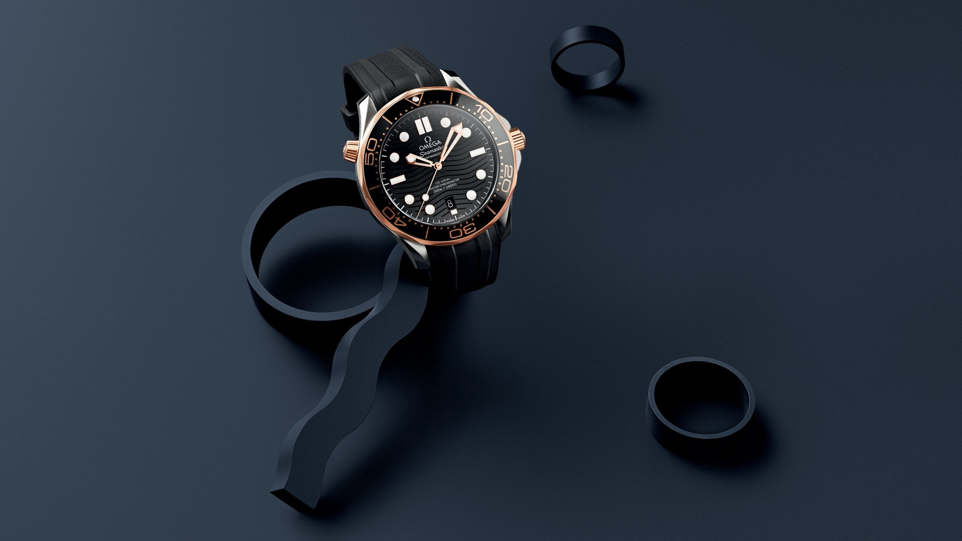 Seamaster Diver 300M 42 mm, steel ‑ Sedna™ gold on rubber strap