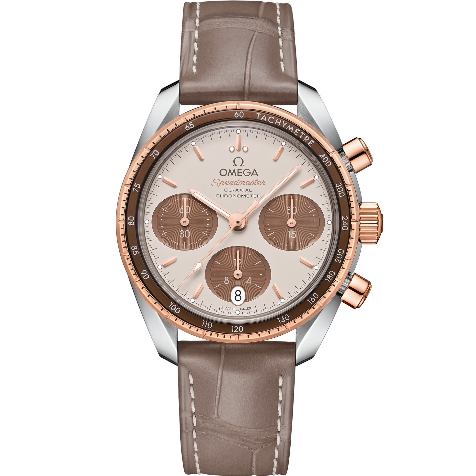 Speedmaster 38 38 mm, steel ‑ Sedna™ gold on leather strap