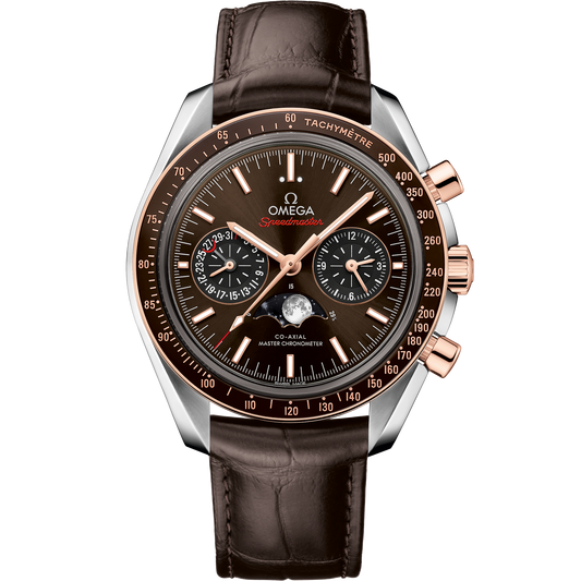 Speedmaster Moonphase 44.25 mm, steel ‑ Sedna™ gold on leather strap