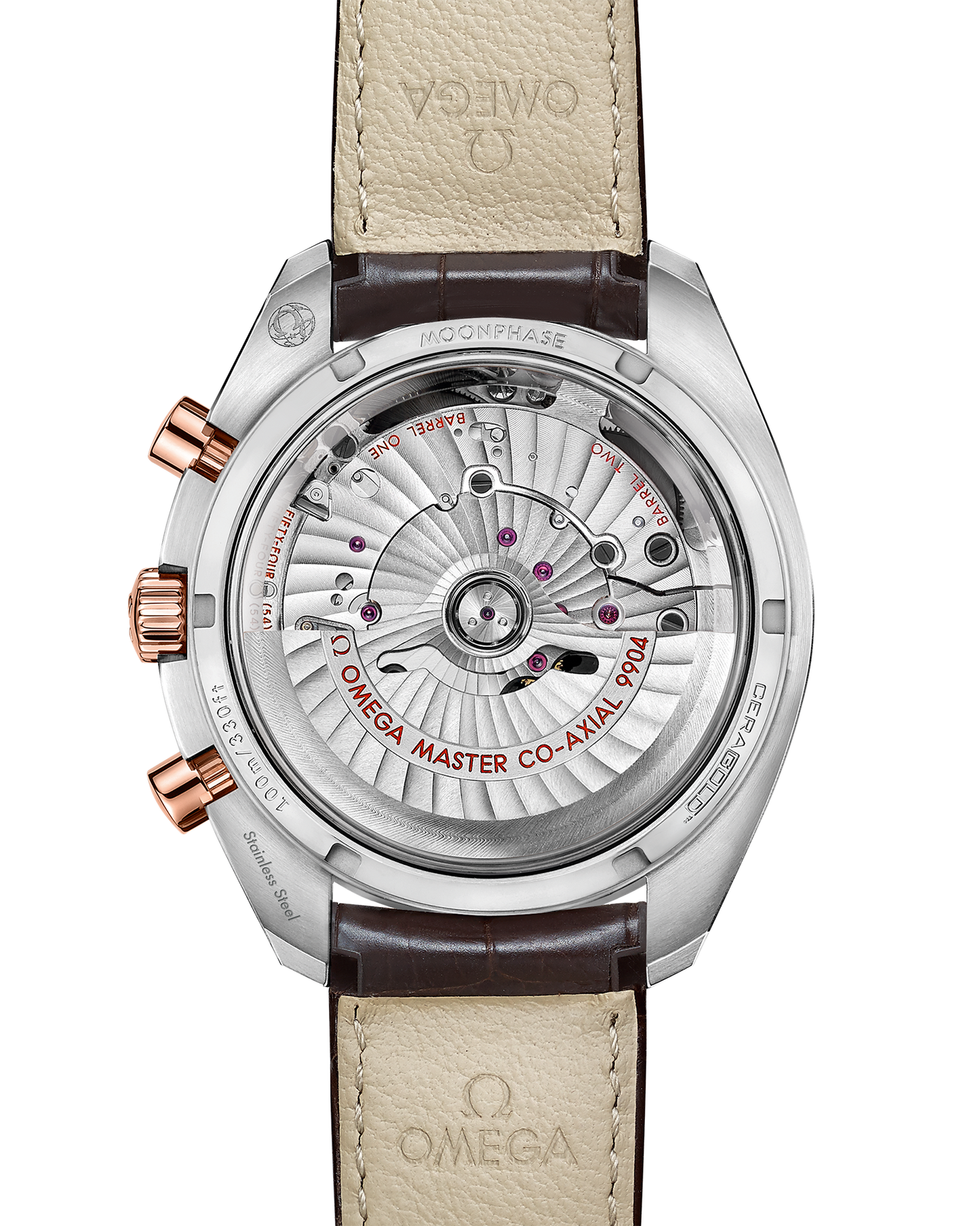 Speedmaster Moonphase 44.25 mm, steel ‑ Sedna™ gold on leather strap