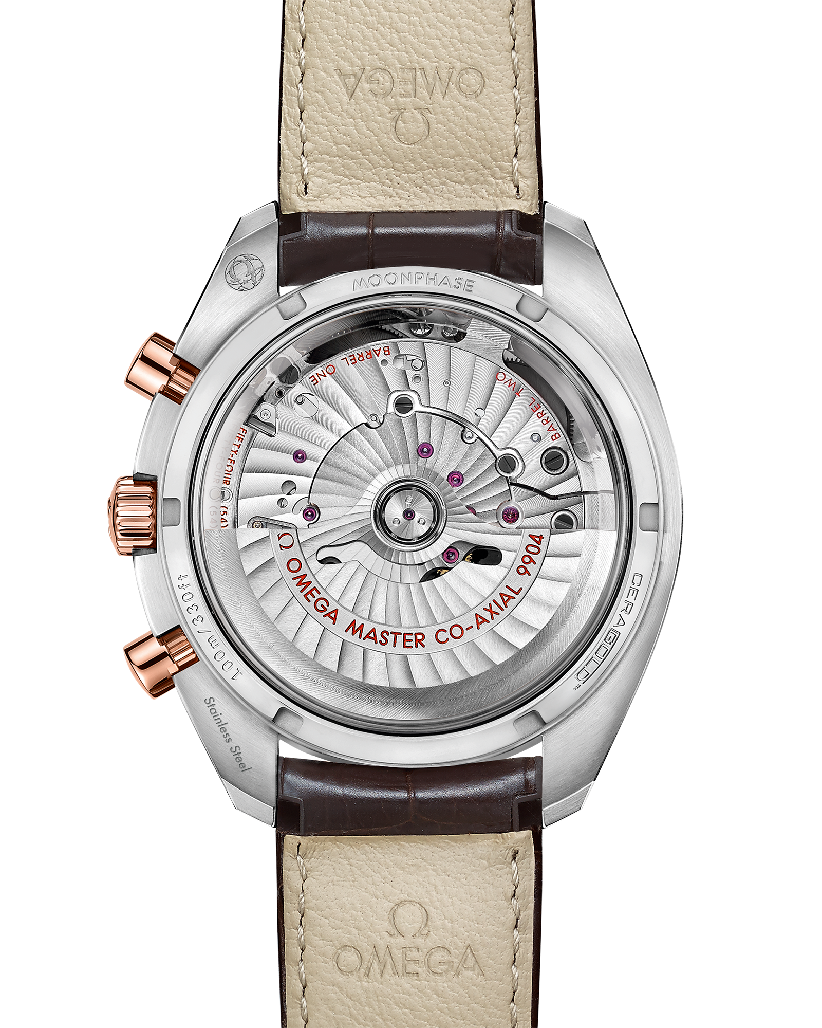Speedmaster Moonphase 44.25 mm, steel ‑ Sedna™ gold on leather strap