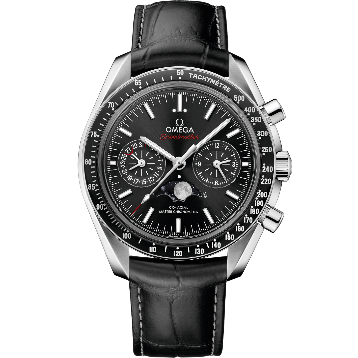Speedmaster Moonphase 44.25 mm, steel on leather strap
