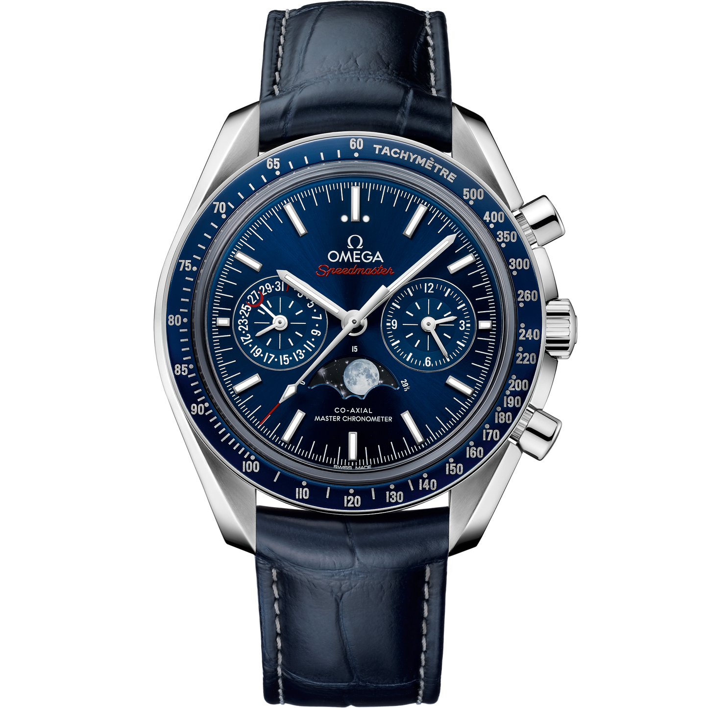 Speedmaster Moonphase 44.25 mm, steel on leather strap