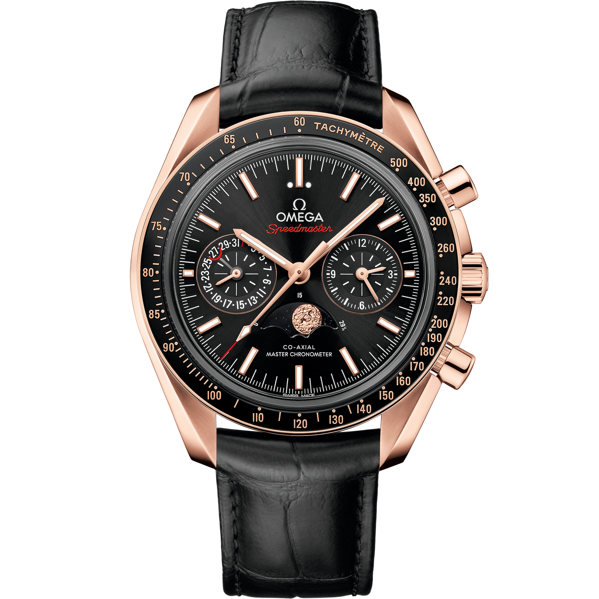Speedmaster Moonphase 44.25 mm, Sedna™ gold on leather strap