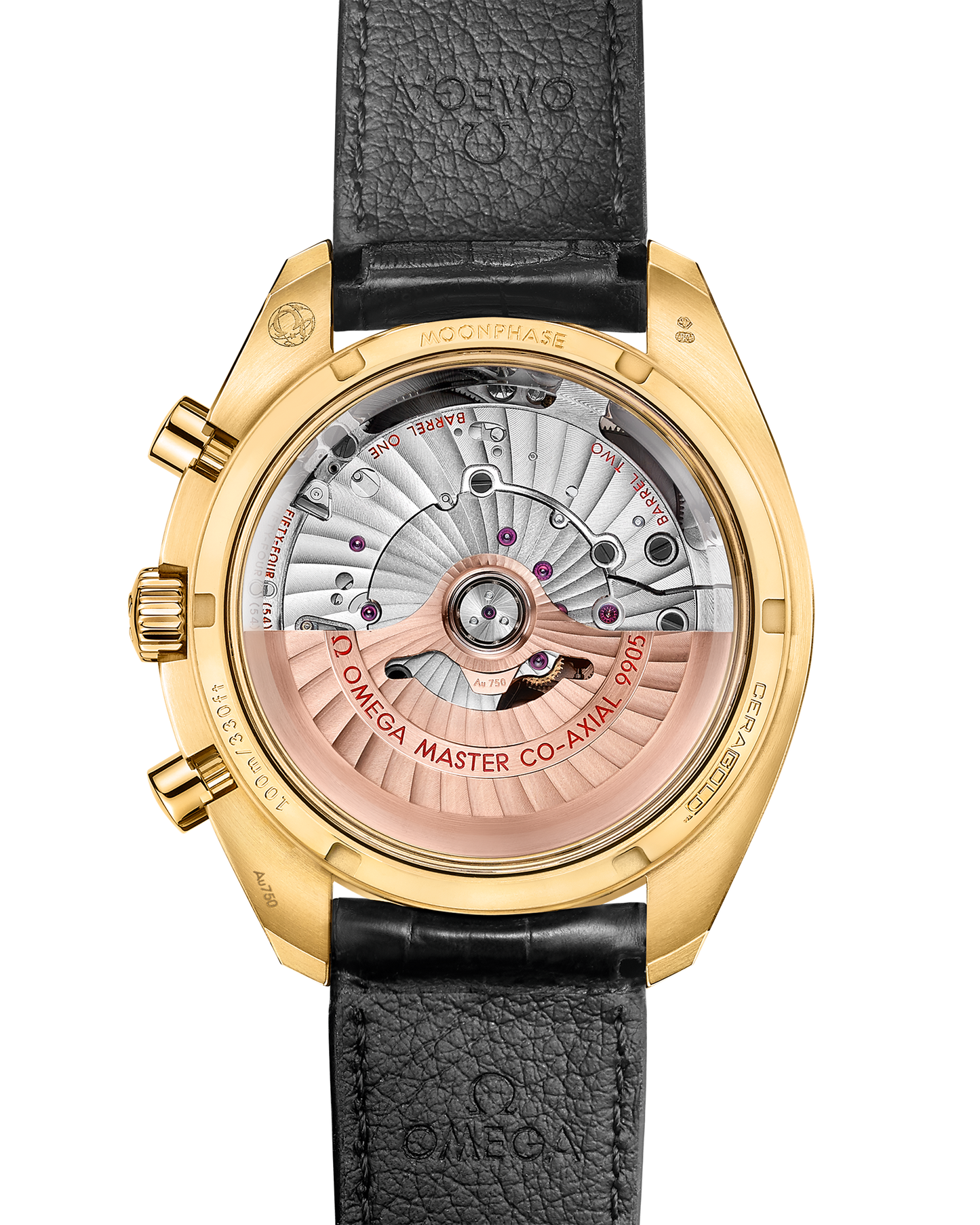 Speedmaster Moonphase 44.25 mm, yellow gold on leather strap