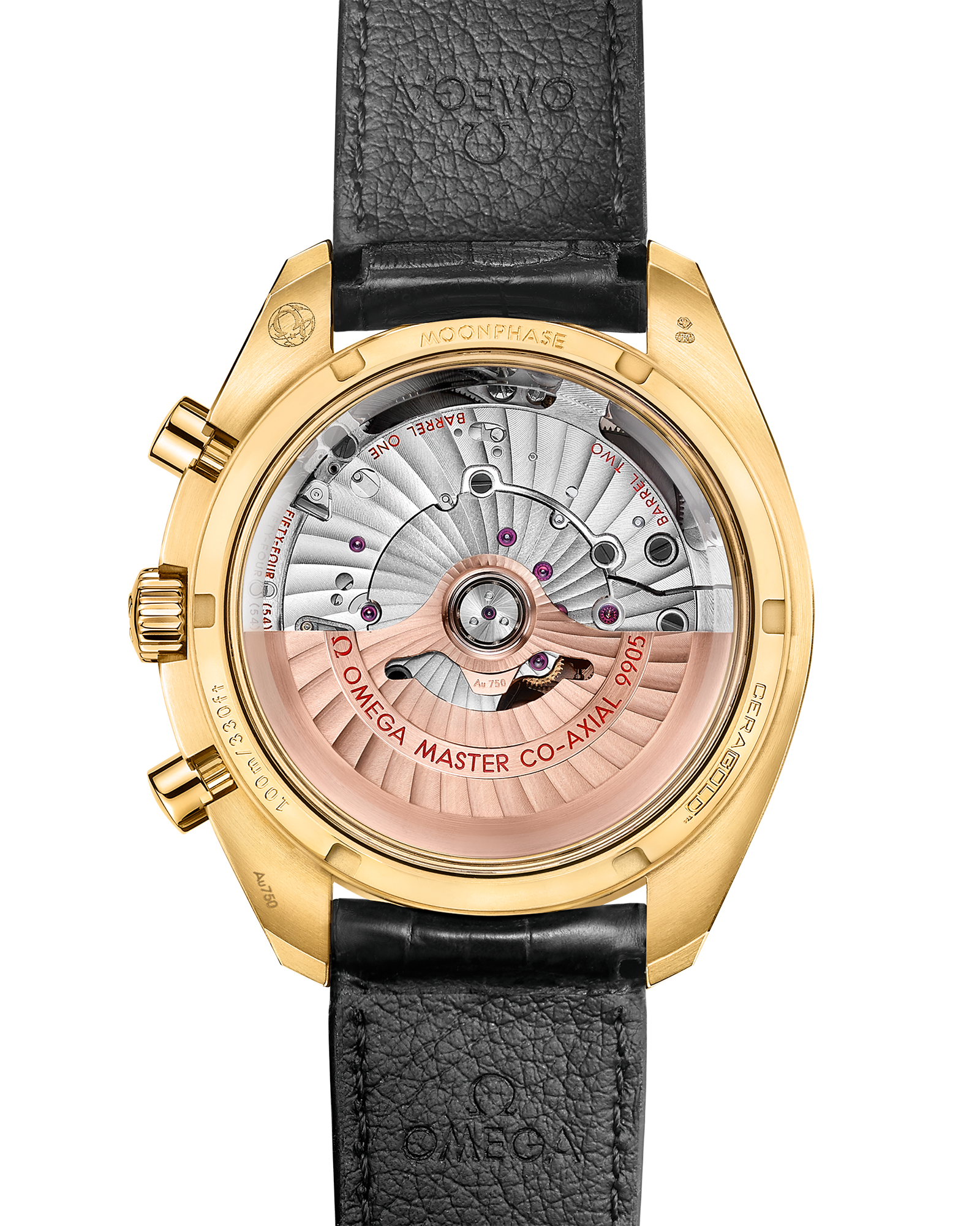 Speedmaster Moonphase 44.25 mm, yellow gold on leather strap