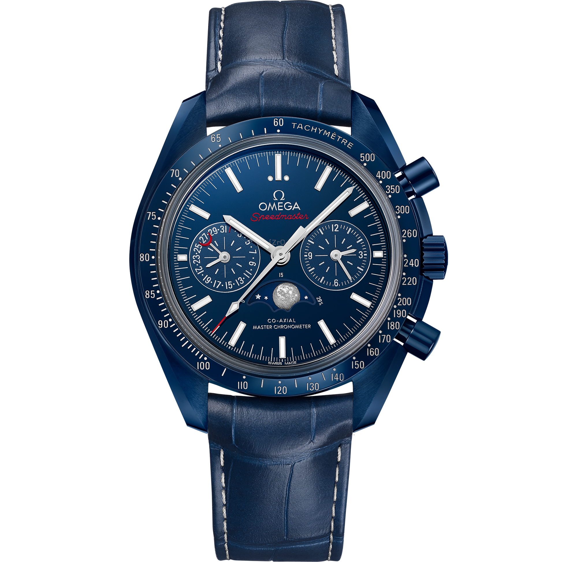 Speedmaster Moonphase 44.25 mm, blue ceramic on leather strap