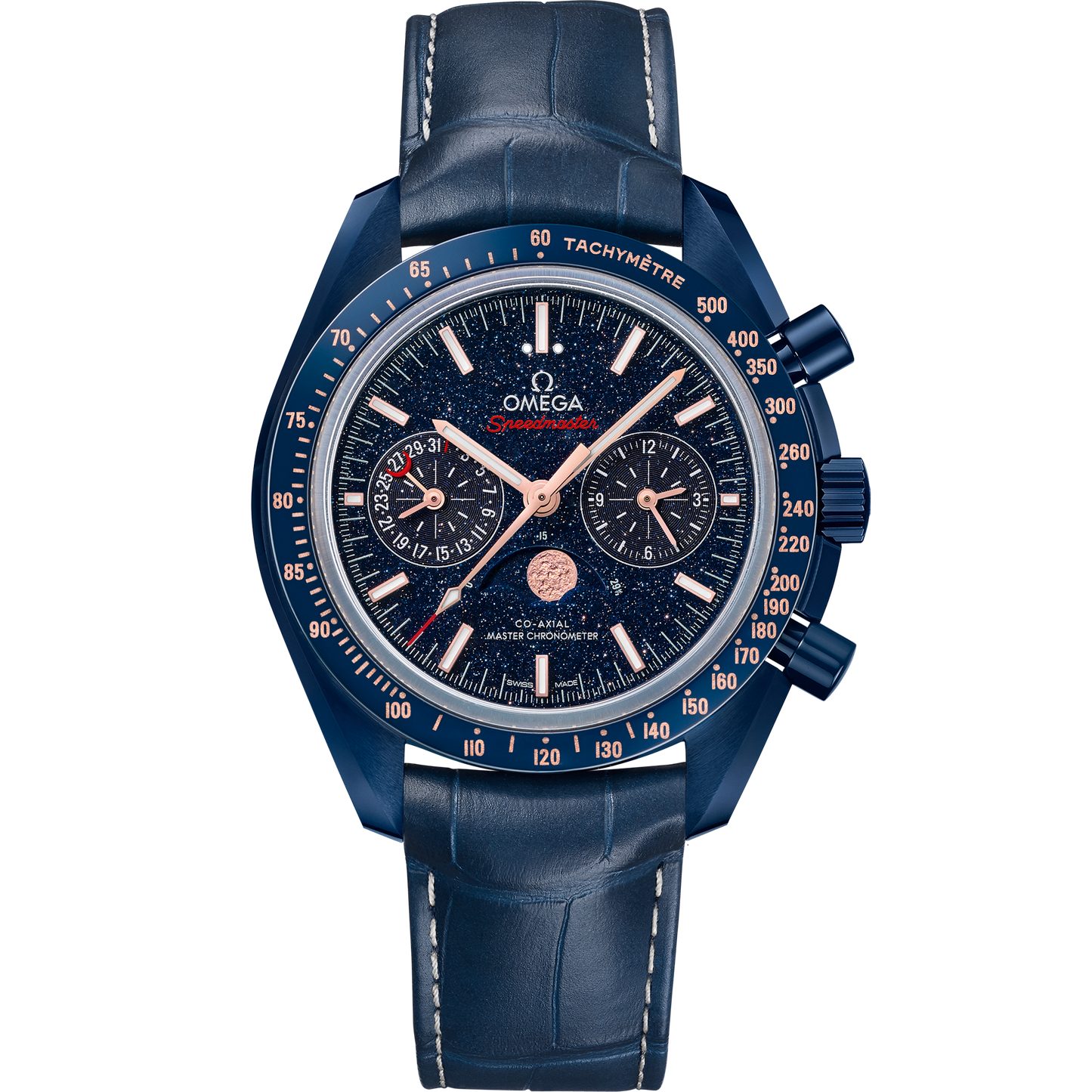 Speedmaster Moonphase 44.25 mm, blue ceramic on leather strap