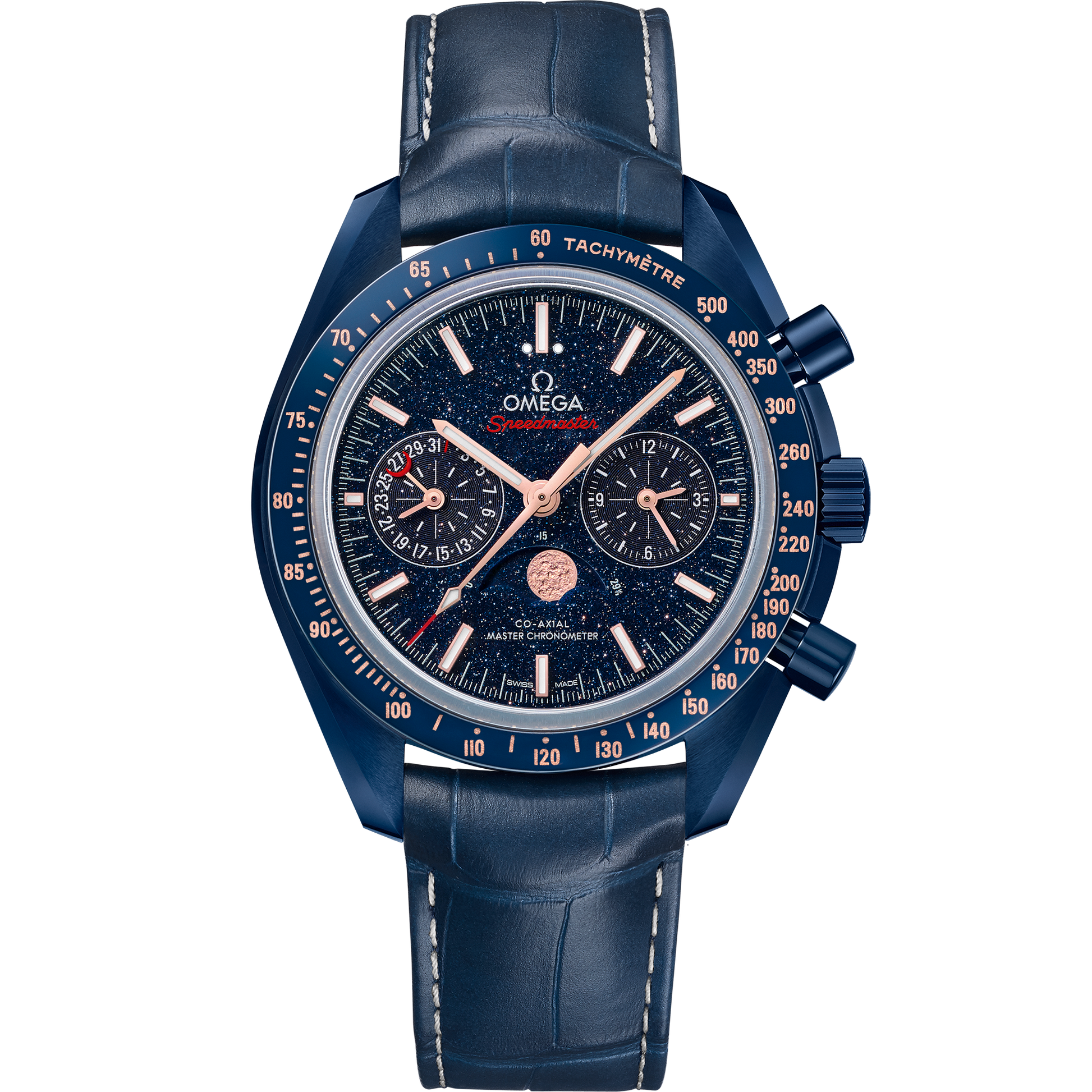 Speedmaster Moonphase 44.25 mm, blue ceramic on leather strap
