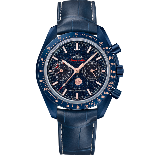 Speedmaster Moonphase 44.25 mm, blue ceramic on leather strap