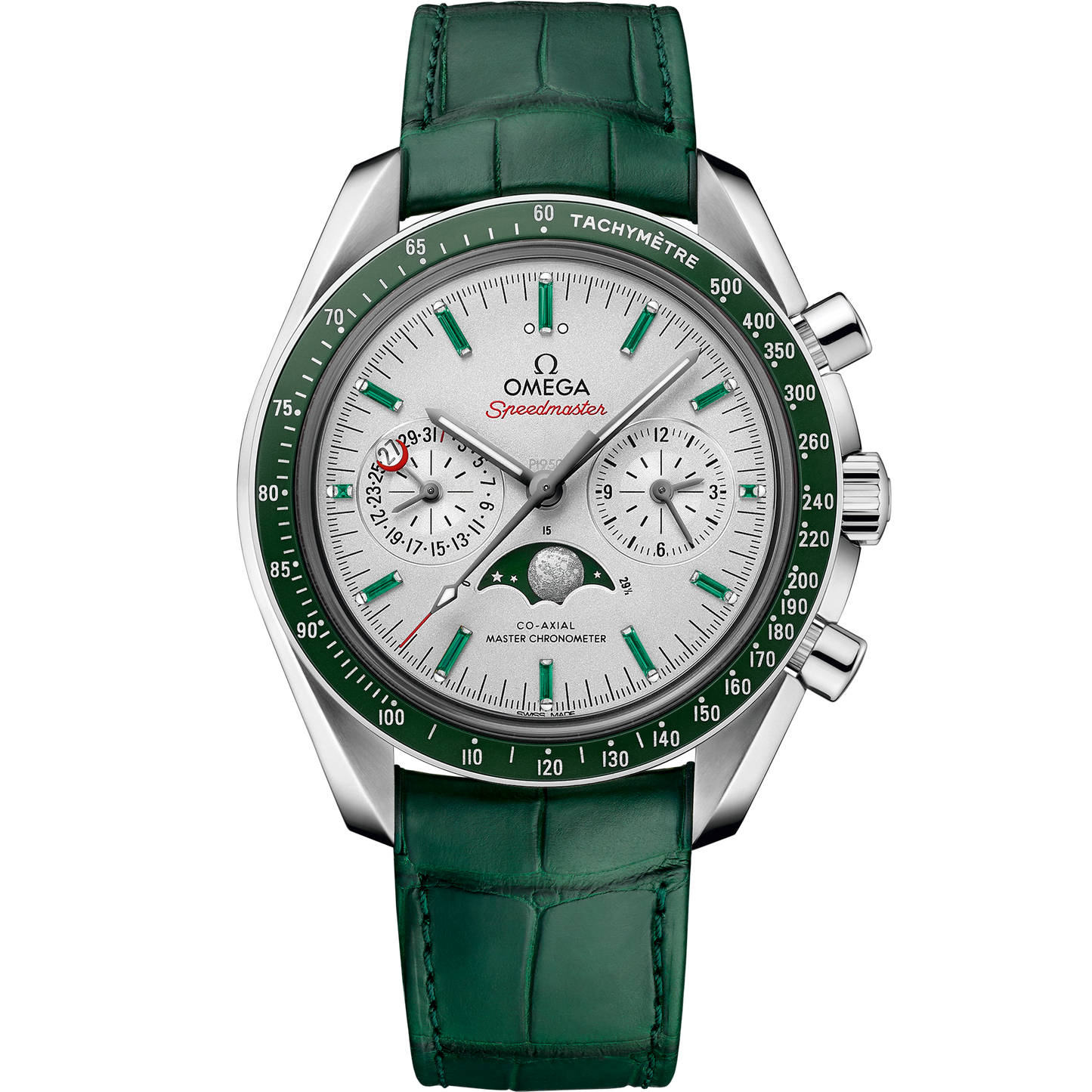 Speedmaster Moonphase 44.25 mm, platinum on leather strap