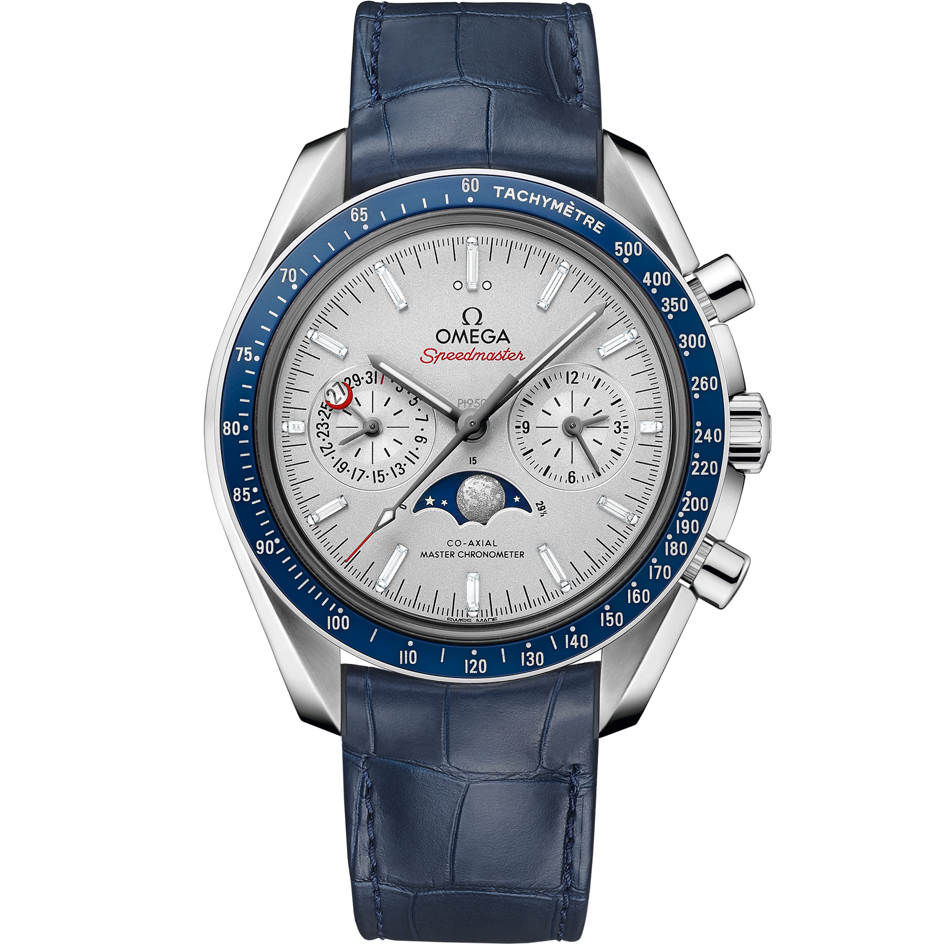 Speedmaster Moonphase 44.25 mm, platinum on leather strap