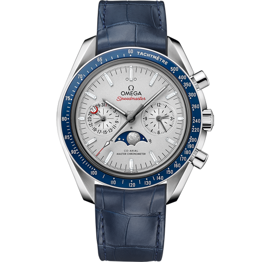 Speedmaster Moonphase 44.25 mm, platinum on leather strap